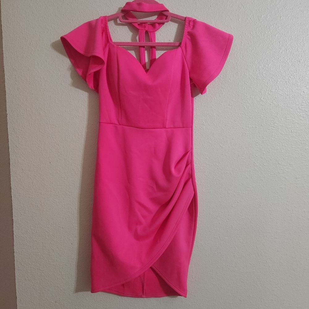 Pink Bodycon Mini Dress with Tie Front and Cut Out